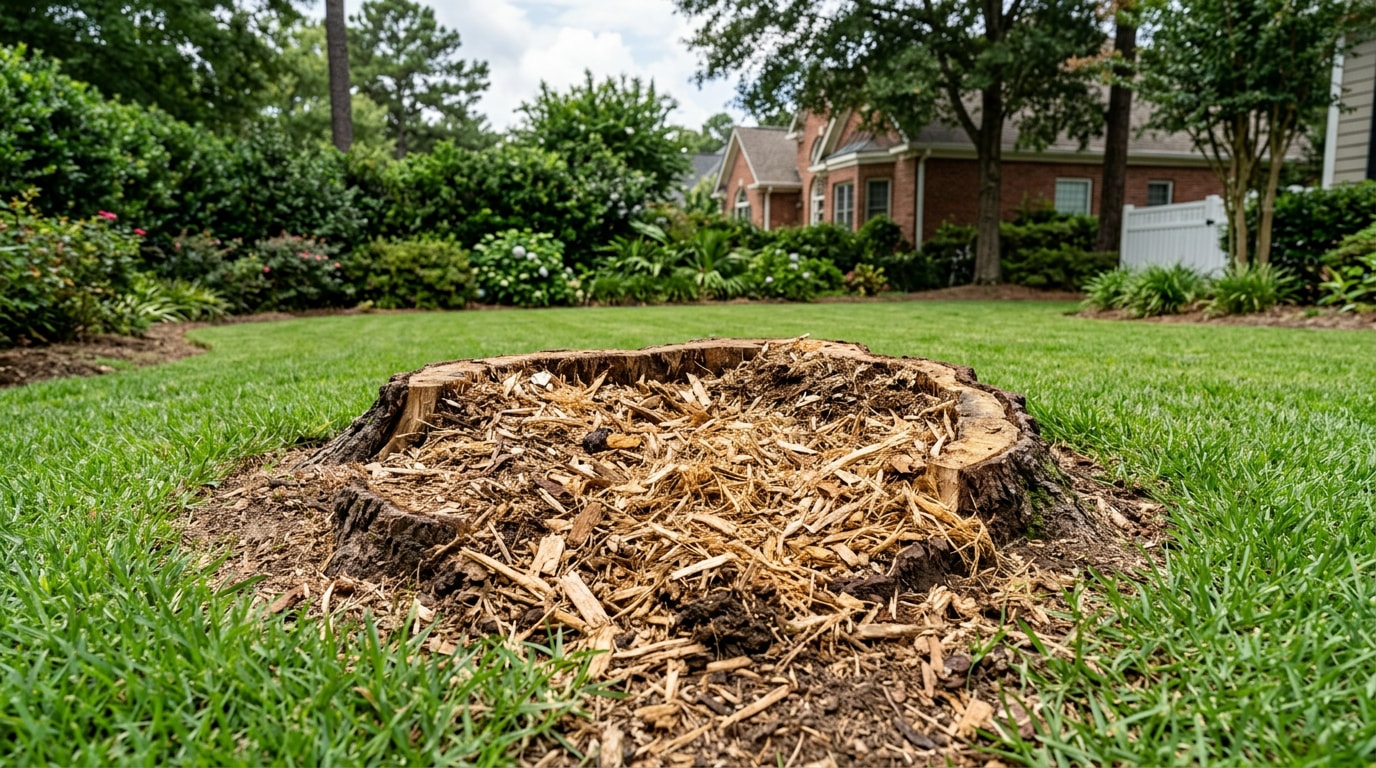Freshly ground tree stump in a Clinton, MS backyard Freshly ground tree stump in a Clinton, MS backyard