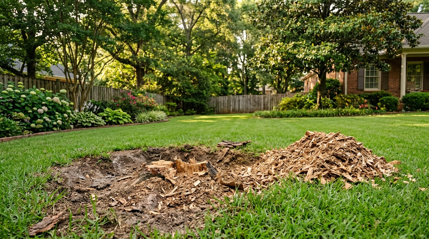 Freshly ground tree stump below grade in a Brandon, MS backyard Freshly ground tree stump below grade in a Brandon, MS backyard